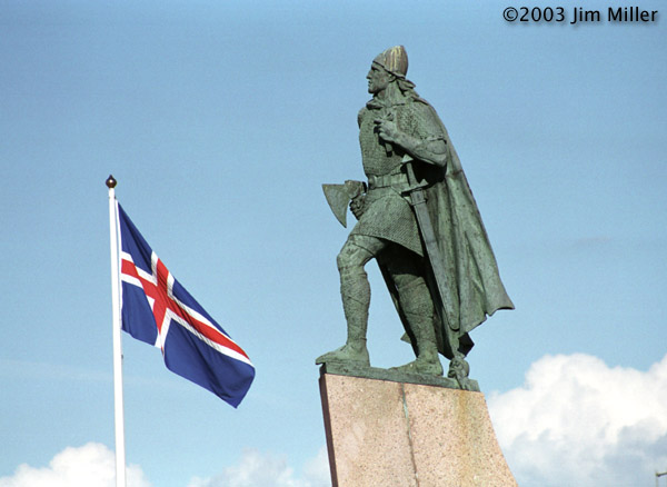 Leifur Eirksson Statue and Icelandic Flag  2003 Jim Miller - Canon Elan 7e, Canon 75-300mm USM, Fuji Superia 100