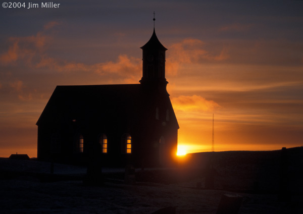Hvalsneskirkja Sunrise 2004 Jim Miller - Canon Elan 7e, EF 75-300mm USM, Fuji Sensia 100